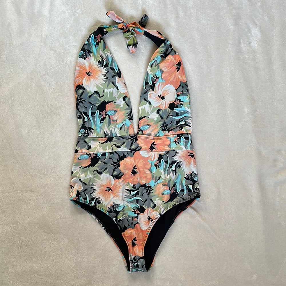 SOLD Black and Orange One Piece Swimwear with Plunging Neckline